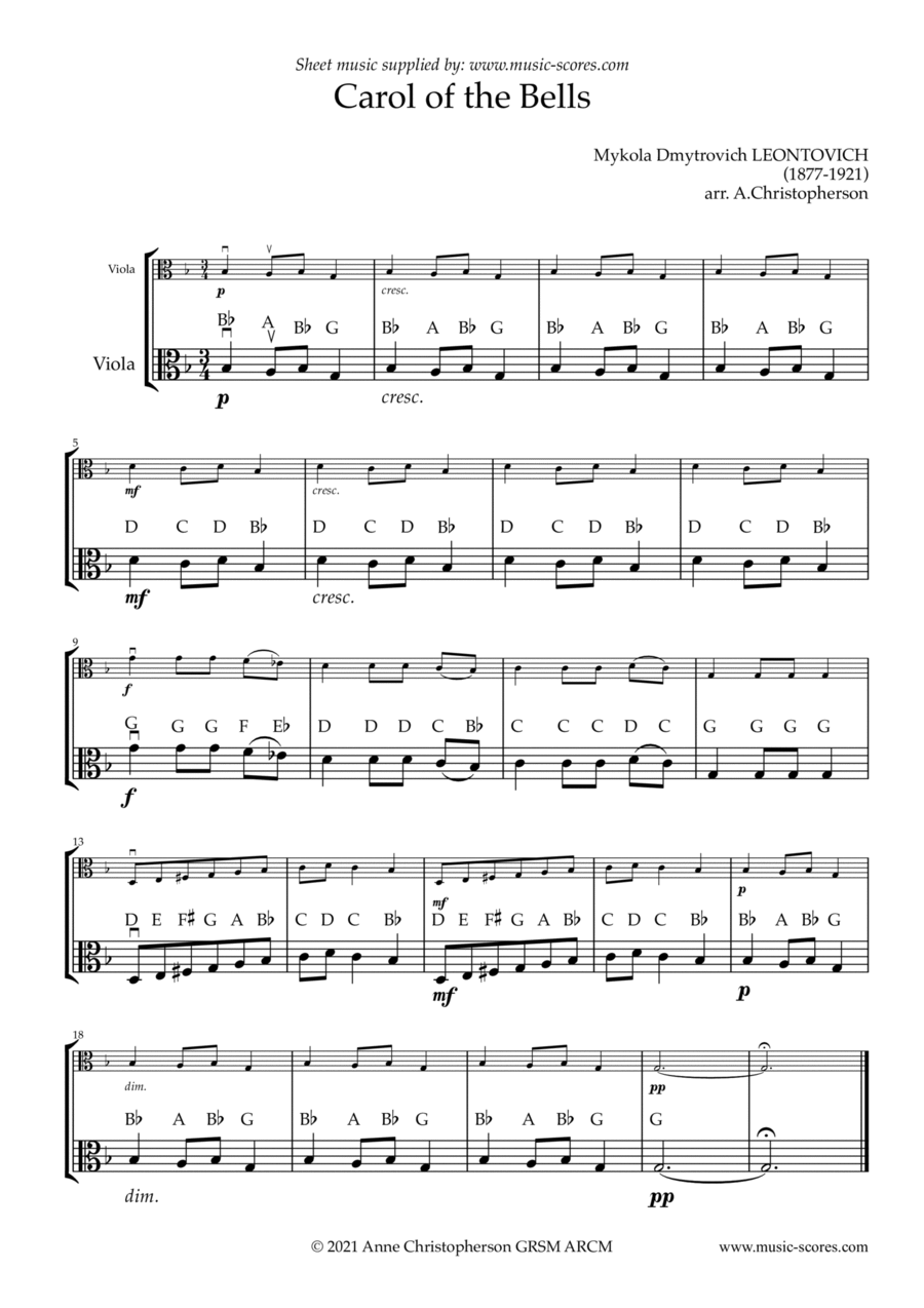 Carol of the Bells - Easy Viola with note names Viola Solo scores gallery preview page 1