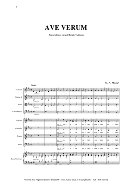 AVE VERUM - W.A. Mozart - Full Choir and Orchestra - With separate parts of Choir SATB, String Orche image number null