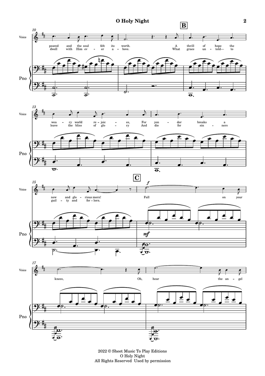 O Holy Night - Voice and Piano - D Major (Full Score and Parts) Piano, Vocal scores gallery preview page 3