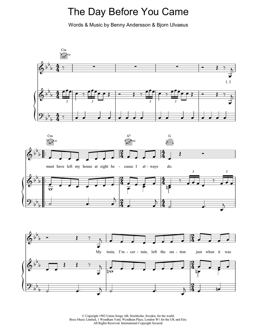 The Day Before You Came Piano, Vocal, Guitar scores gallery preview page 1