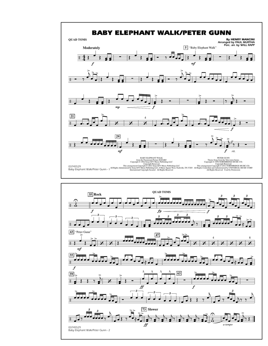 Baby Elephant Walk/Peter Gunn - Quad Toms Marching Band scores gallery preview page 1