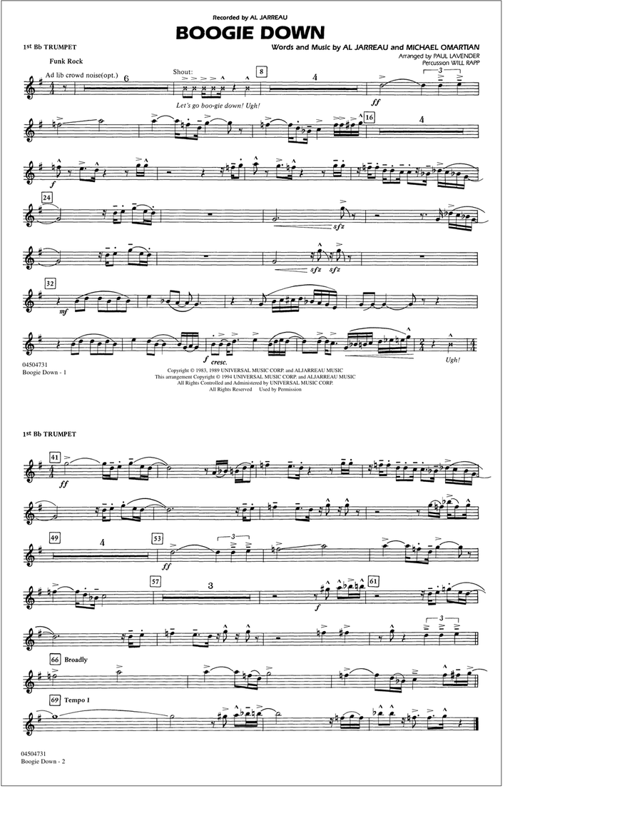 Boogie Down - 1st Bb Trumpet Marching Band scores gallery preview page 1