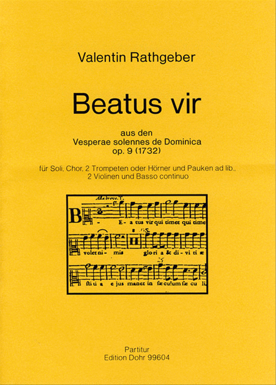 Beatus vir für Soli, Chor, 2 Trompeten o. Hörner und Pauken ad lib., 2 Violinen und Basso continuo (aus den Vesperae solennes de Dominica op. 9) Violin scores gallery preview page 1