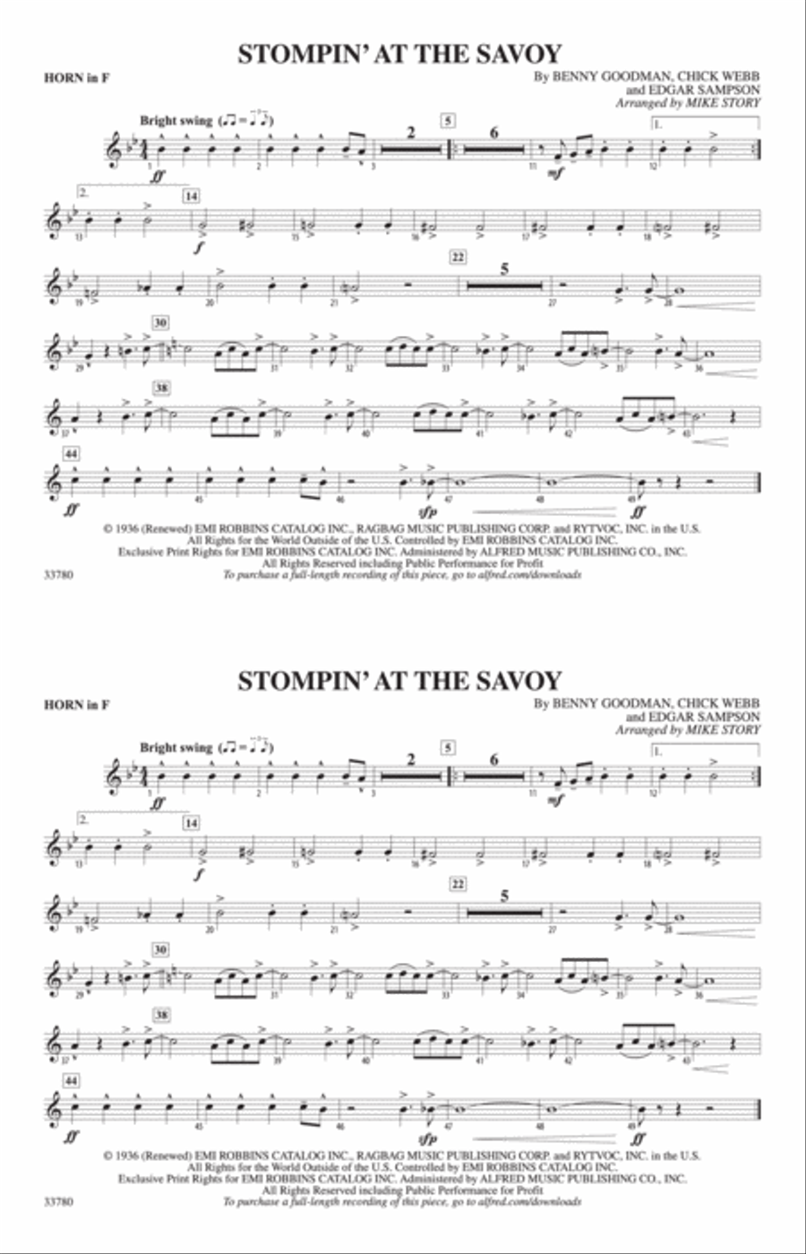 Stompin' at the Savoy: 1st F Horn Marching Band scores gallery preview page 1