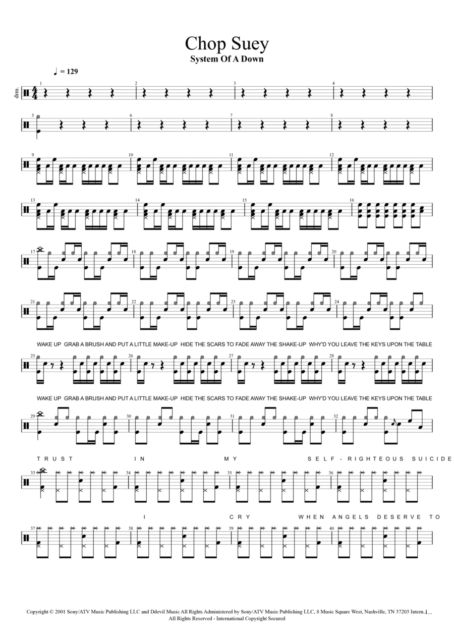 Chop Suey by System of a Down Drum Set Digital Sheet Music