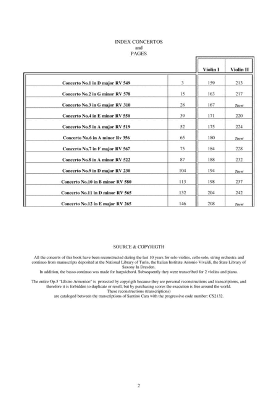 Vivaldi - L'Estro Armonico Op.3 - 12 Concertos for 2 Violins and Piano - Scores and Parts Violin scores gallery preview page 2