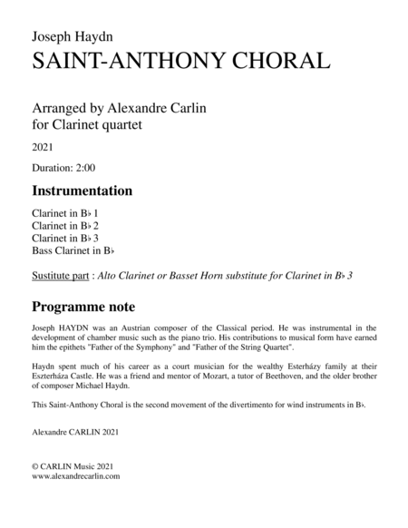 Saint-Anthony Choral by Haydn - arranged for Clarinet Quartet image number null