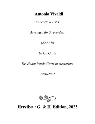 Book cover for Concerto, RV 551 (arrangement for 5 recorders (AAAAB))