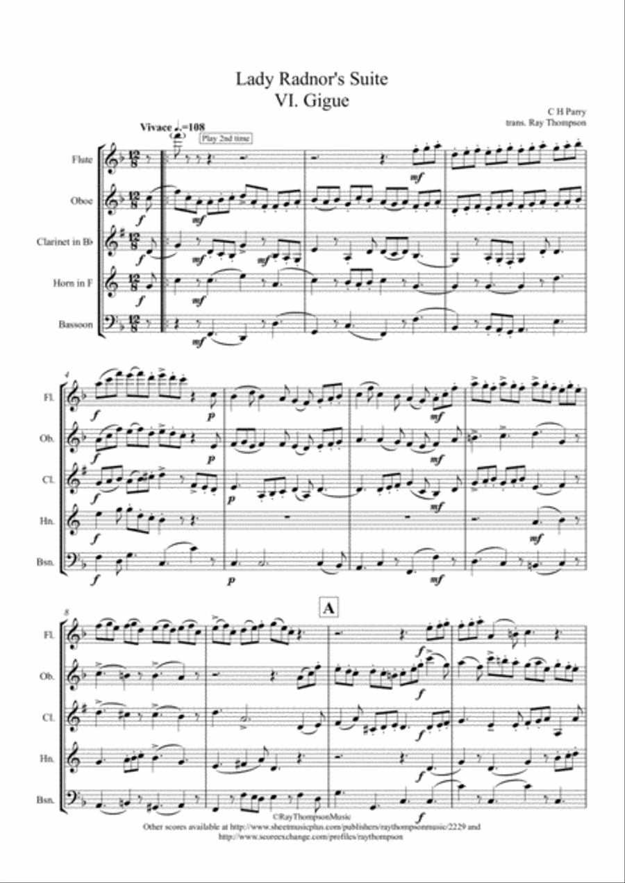 Parry: Lady Radnor's Suite VI. Gigue - wind quintet Woodwind Quintet scores gallery preview page 1