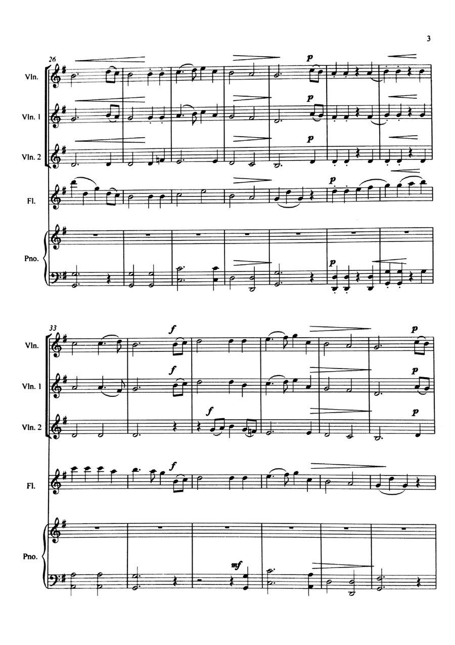 Mozart Melody for violin trio, flute, and piano Small Ensemble scores gallery preview page 3