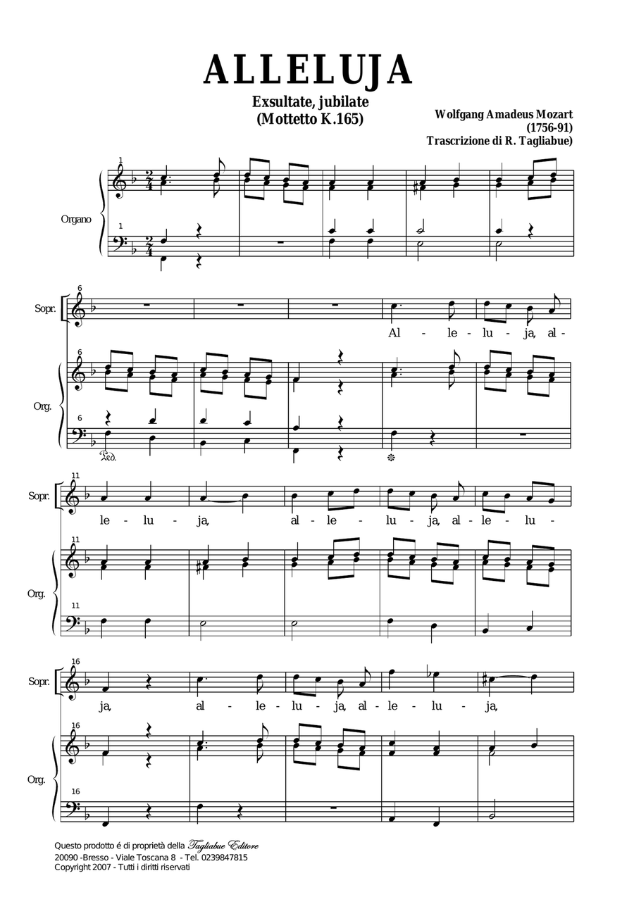 ALLELUJA (Exsultate, jubilate K.165) W.A.Mozart - Arr. for Soprano and. Organ Soprano Voice scores gallery preview page 1