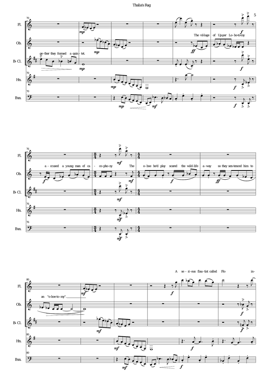 Thalia's Rag (with limericks) for wind quintet and speaker Woodwind Quintet scores gallery preview page 5