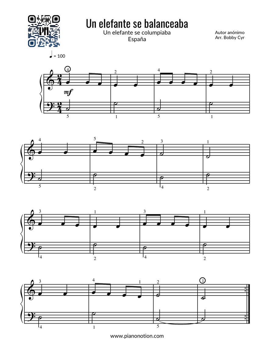 Un elefante se balanceaba - Canciones infantiles (piano fácil) Easy Piano scores gallery preview page 1