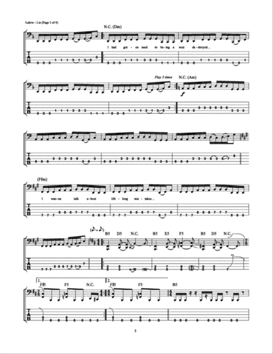 Lie Lie Bass Guitar Tablature scores gallery preview page 3