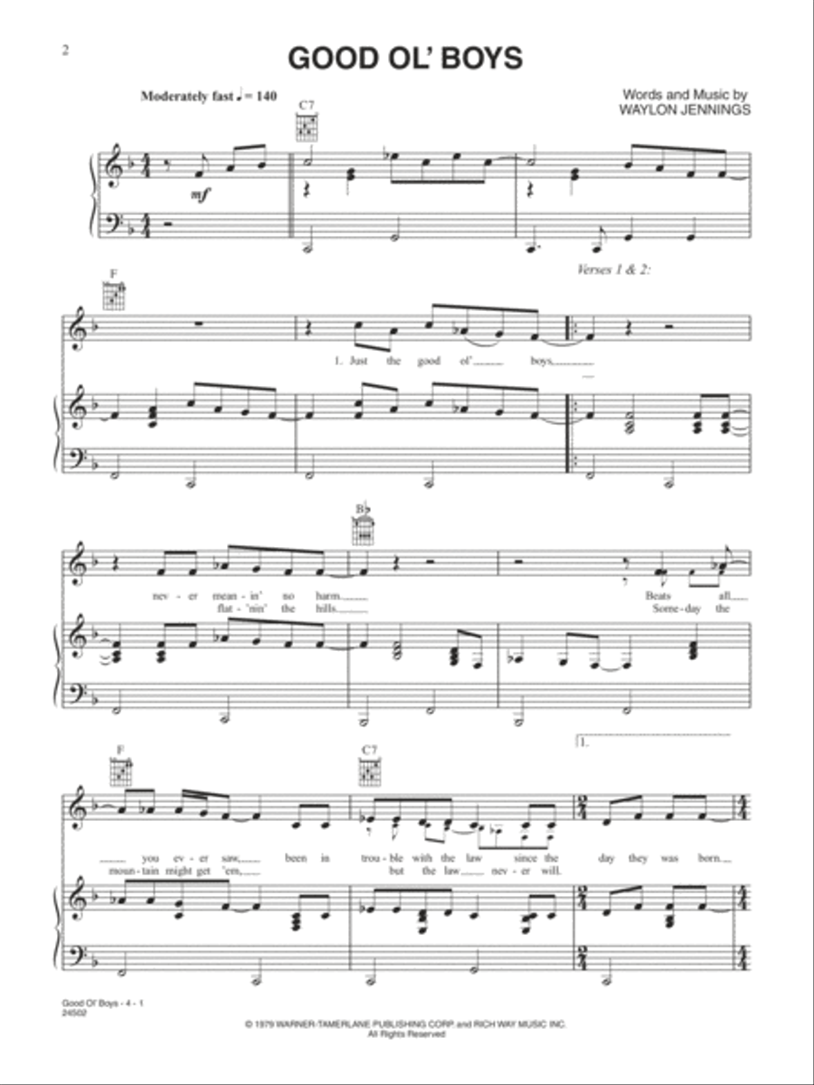 Good Ol' Boys (from The Dukes of Hazzard) Piano, Vocal, Guitar scores gallery preview page 1