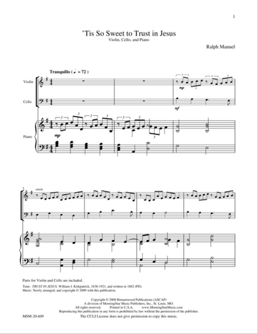 'Tis So Sweet to Trust in Jesus Piano Trio scores gallery preview page 1