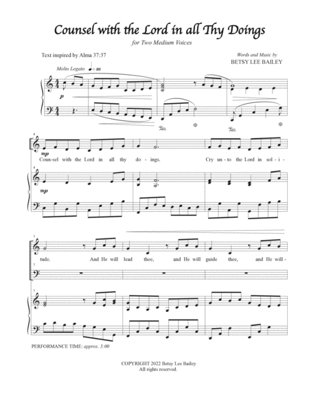 Counsel with the Lord in All Thy Doings - Duet by Betsy Lee Bailey Piano - Digital Sheet Music