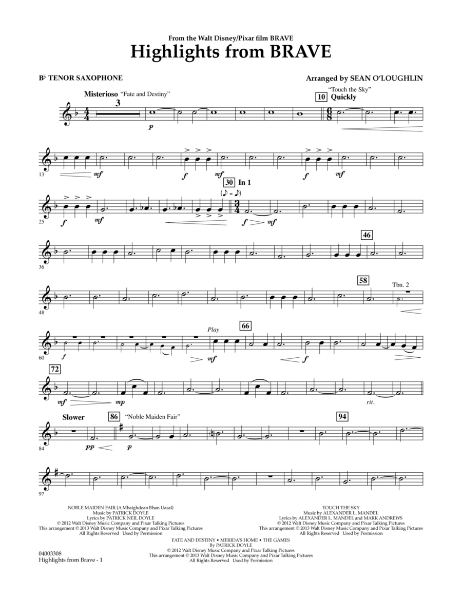 Highlights From Brave - Bb Tenor Saxophone Concert Band scores gallery preview page 1