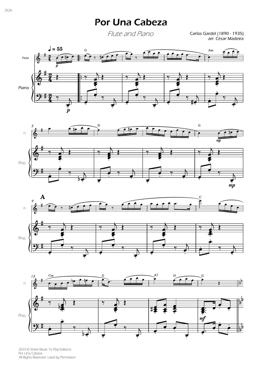 Por Una Cabeza - Flute and Piano - W/Chords (Full Score and Parts) Flute scores gallery preview page 3