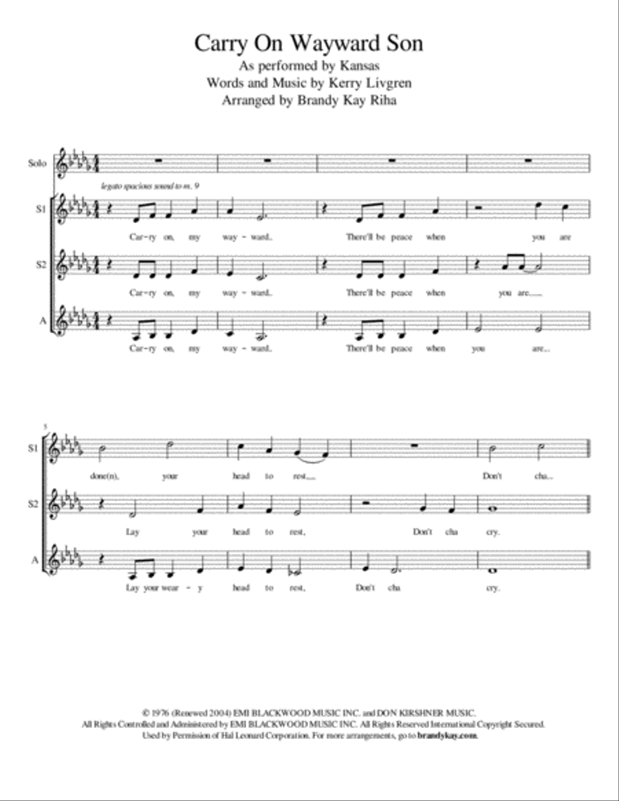 Carry On Wayward Son SSA scores gallery preview page 1