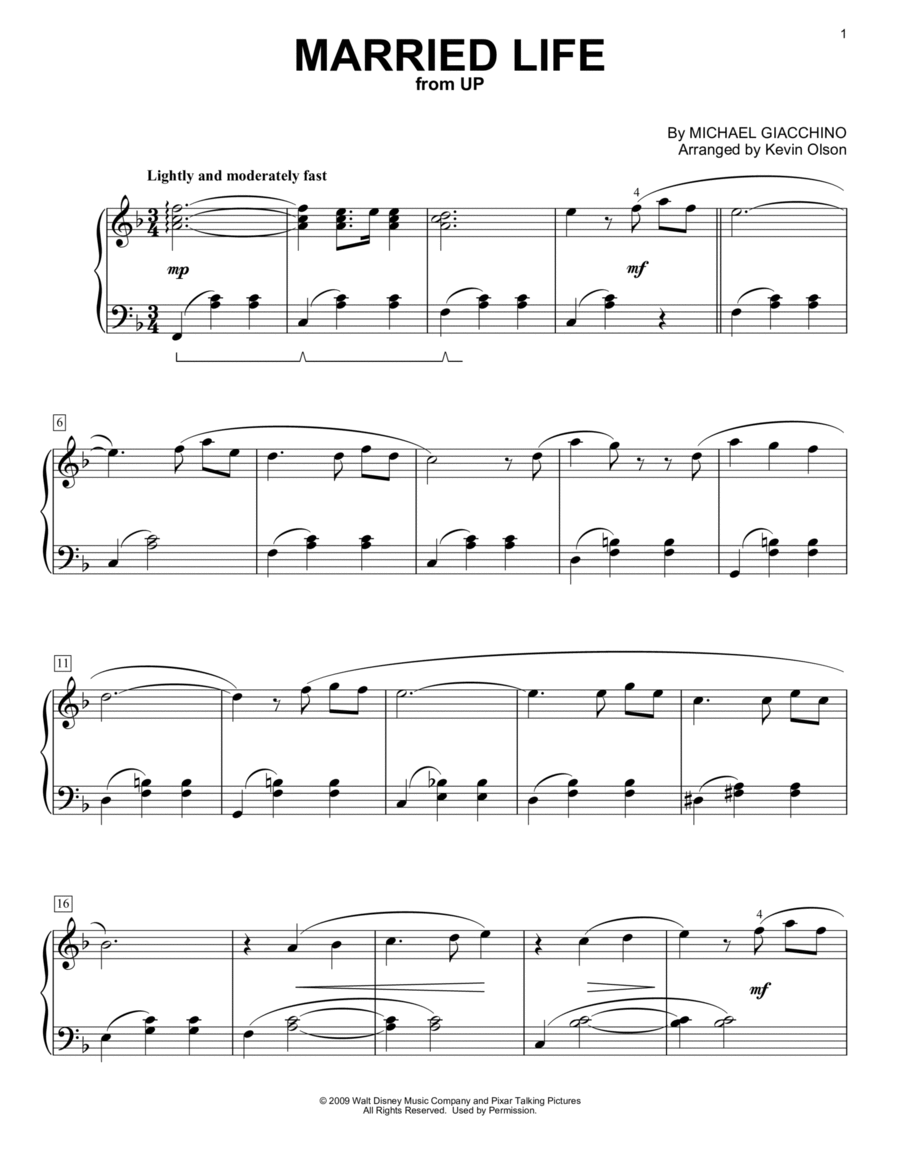 Married Life (from Up) (arr. Kevin Olson) Easy Piano scores gallery preview page 1