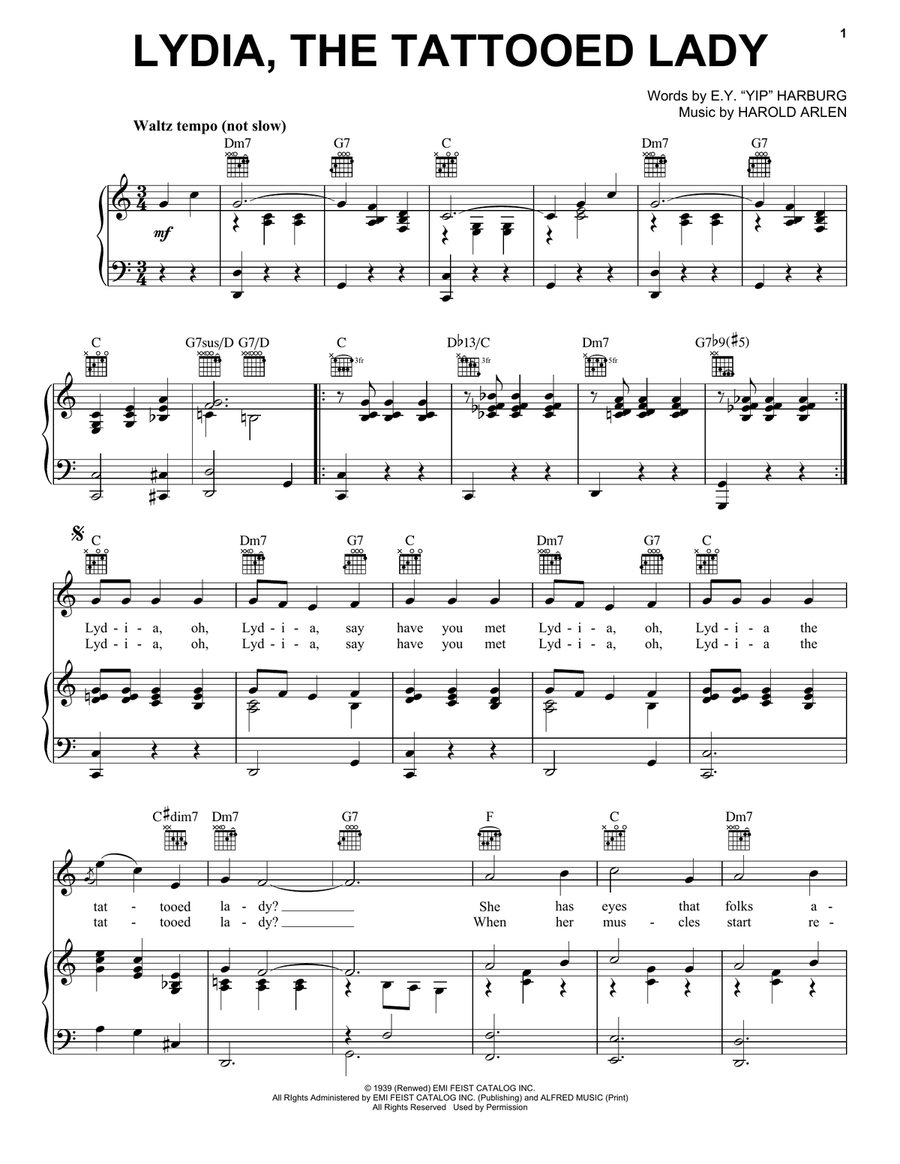 Lydia The Tattooed Lady Piano, Vocal, Guitar scores gallery preview page 1