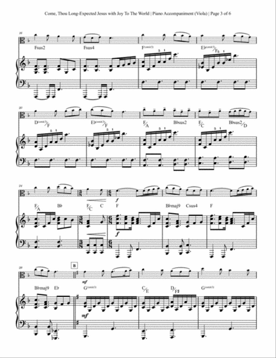 Come, Thou Long-Expected Jesus with Joy To The World - Viola Solo with Piano Accompaniment Piano scores gallery preview page 3