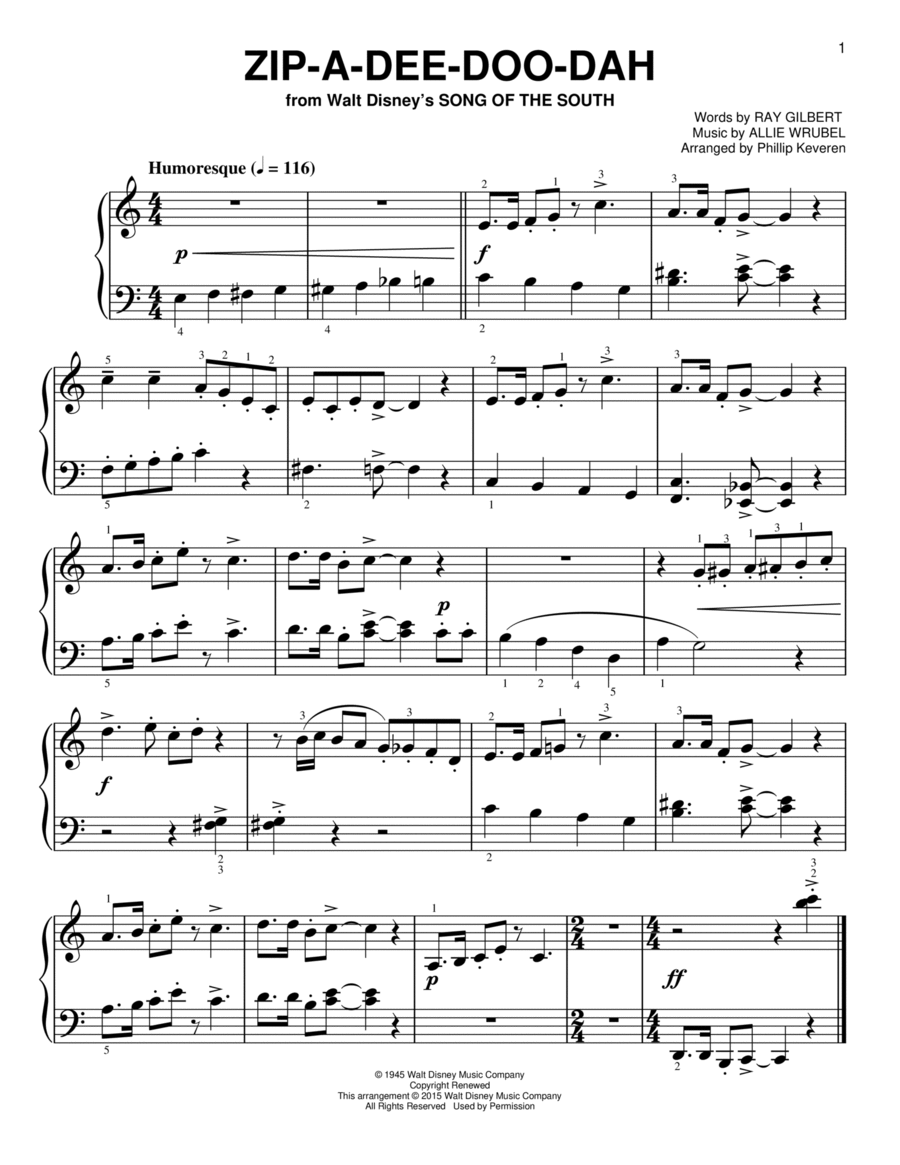 Zip-A-Dee-Doo-Dah (from Song Of The South) [Classical version] (arr. Phillip Keveren) Easy Piano scores gallery preview page 1