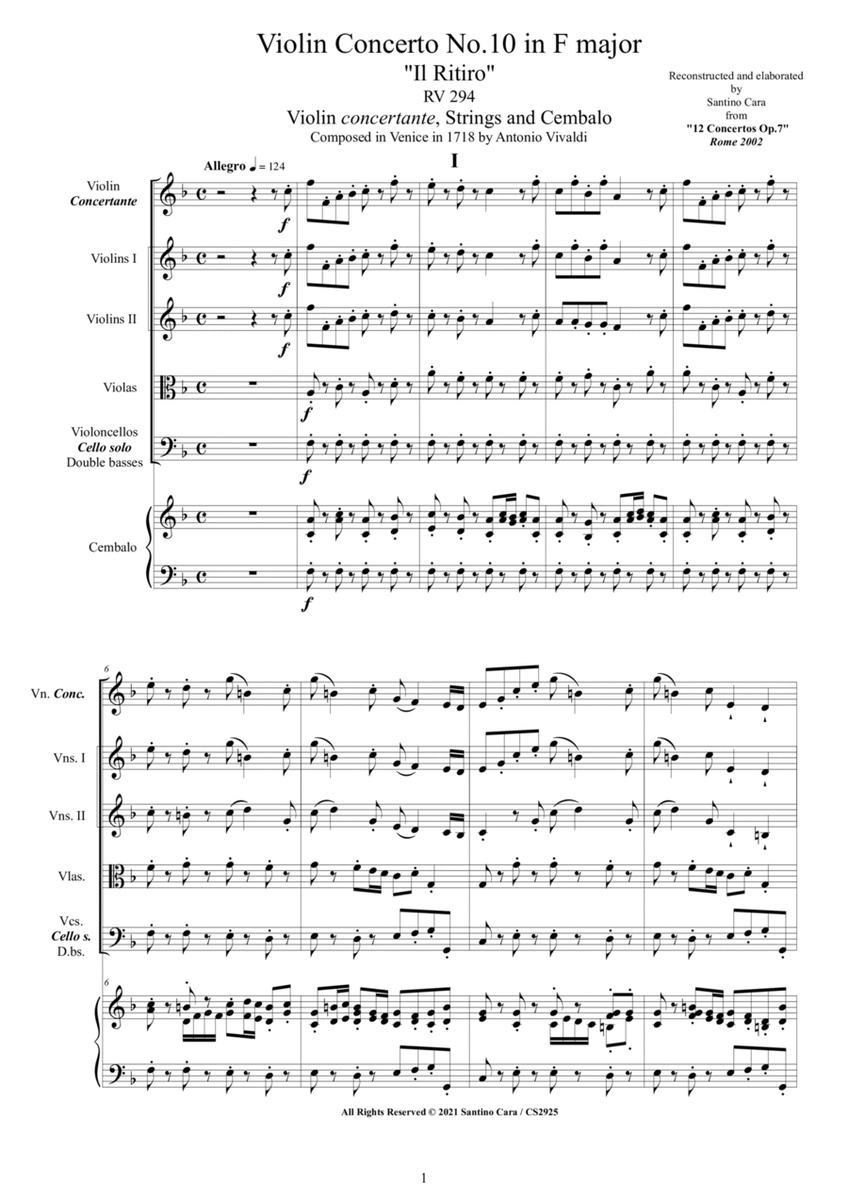 Vivaldi - Violin Concerto No.10 in F major 'Il Ritiro' RV 294 Op.7 for Violin, Strings and Cembalo image number null