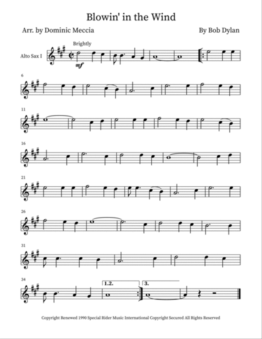 Blowin' In The Wind Saxophone Quartet scores gallery preview page 4