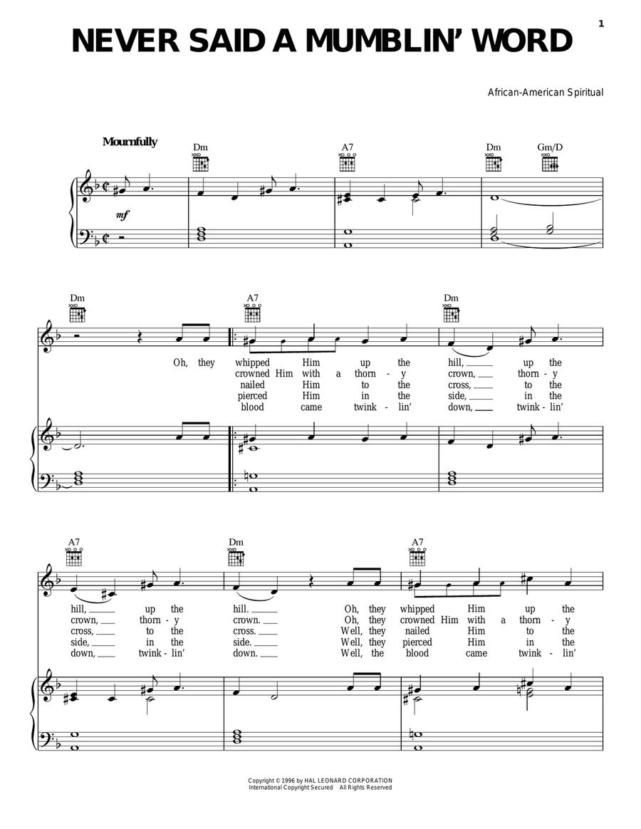 Never Said A Mumblin' Word (He Never Said A Mumblin' Word) Piano, Vocal, Guitar scores gallery preview page 1