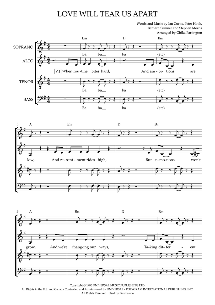 Love Will Tear Us Apart (arr. Gitika Partington) 4-Part scores gallery preview page 1
