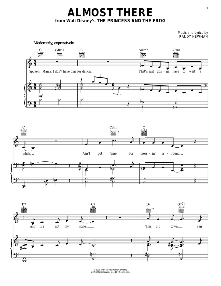 Almost There (from The Princess and the Frog) Piano, Vocal, Guitar scores gallery preview page 1