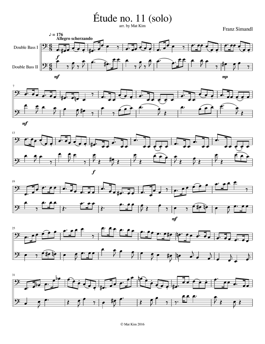 Franz Simandl Étude no. 11 in A minor (Allegro scherzando) for Two Double Basses String Duet scores gallery preview page 1