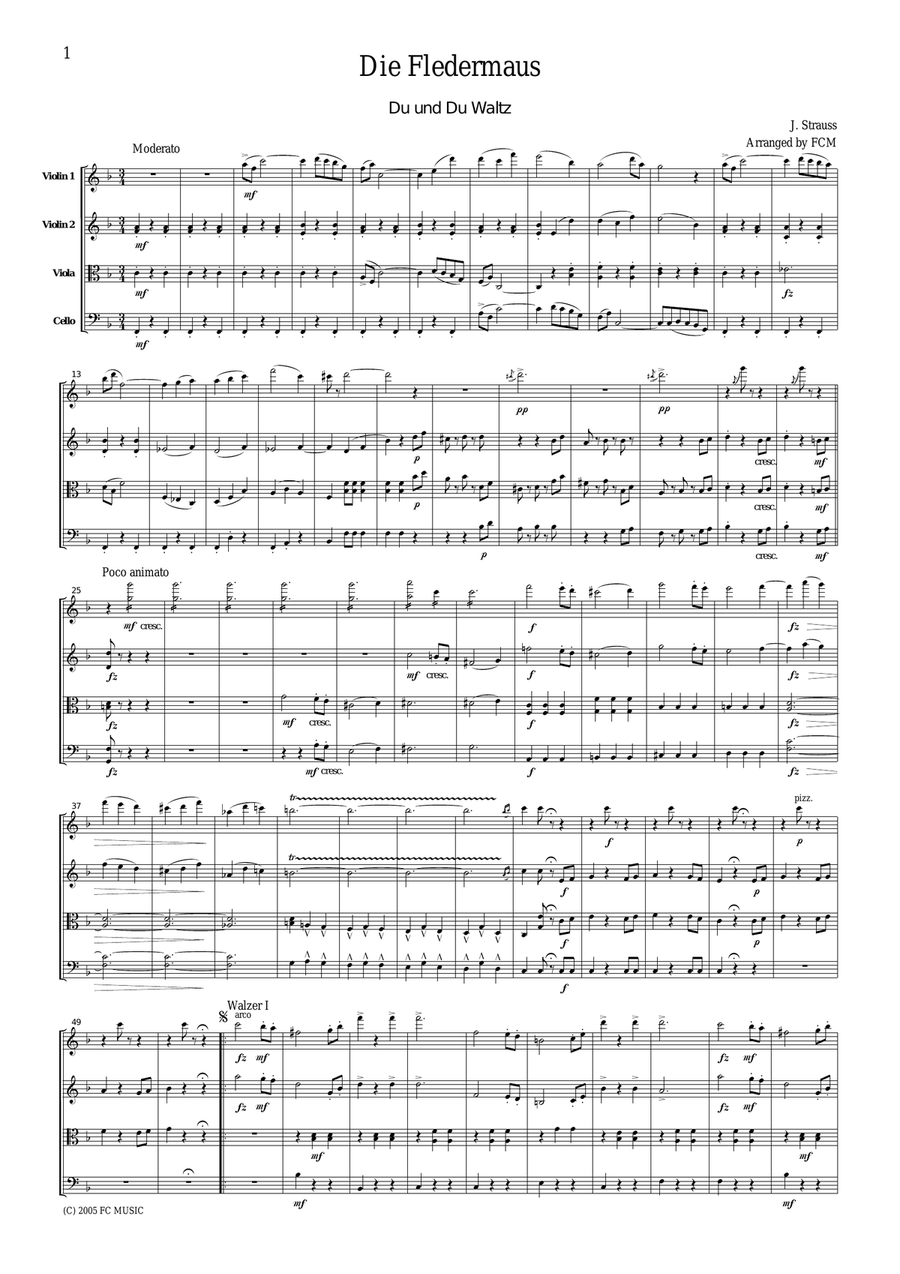 J.Strauss Du und Du Waltz from Die Fledermaus, for string quartet, CS108 String Quartet scores gallery preview page 1