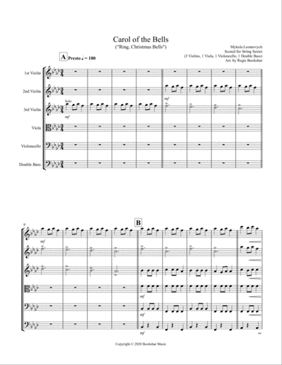 Carol of the Bells (F min) (String Sextet - 3 Violin, 1 Viola, 1 Cello, 1 Bass) Cello scores gallery preview page 1