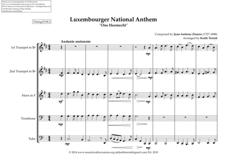 Luxembourger National Anthem for Brass Quintet (MFAO World National Anthem Series) image number null