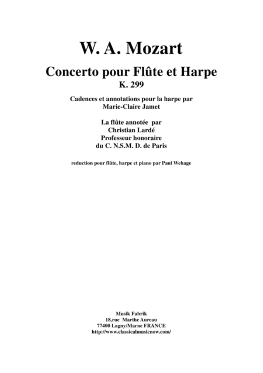 Wolfgang Amadeus Mozart: Concerto for flute and harp, K. 299, piano reduction and solo parts Flute scores gallery preview page 1
