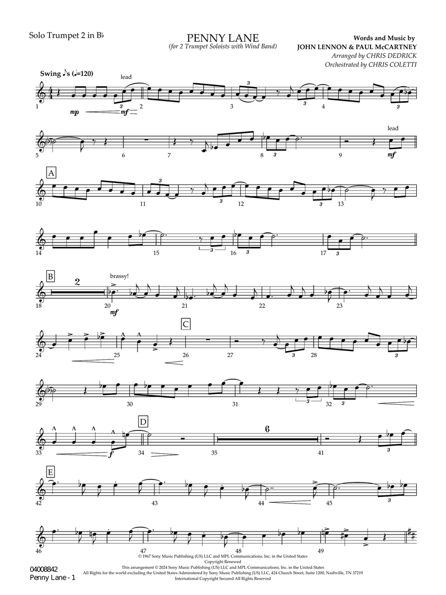 Penny Lane - Bb Solo Trumpet 2 Concert Band scores gallery preview page 1