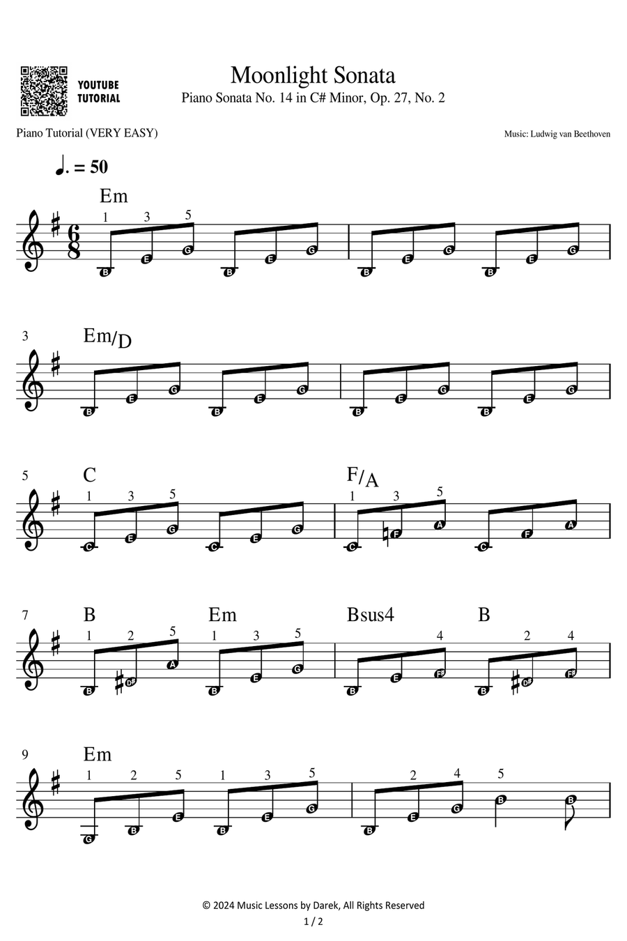 Moonlight Sonata - Ludwig van Beethoven [VERY EASY PIANO] Easy Piano scores gallery preview page 1