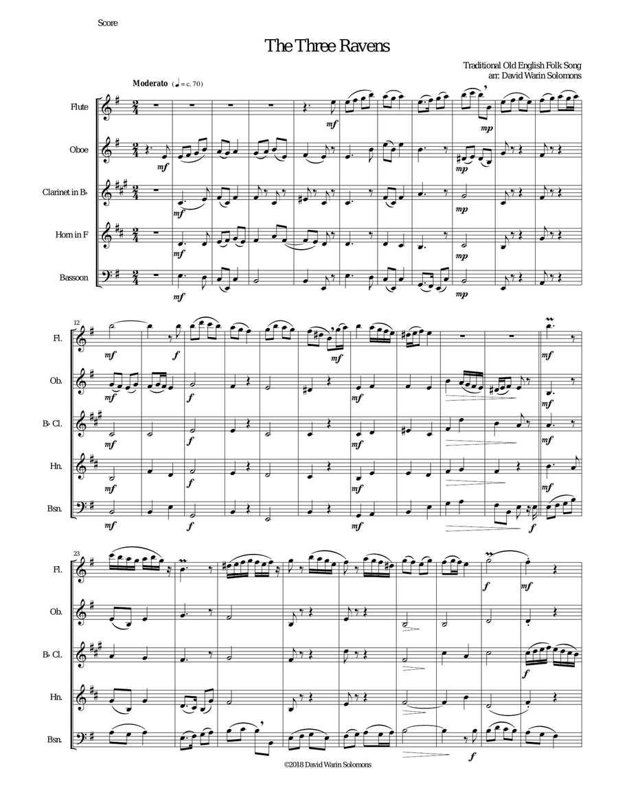 Variations on The Three Ravens for wind quintet Woodwind Quintet scores gallery preview page 1