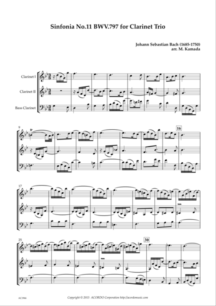 Sinfonia No.11 BWV.797 for Clarinet Trio Clarinet Trio scores gallery preview page 1