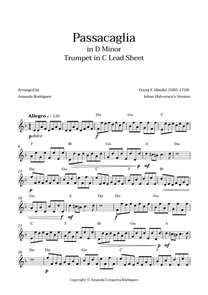 Passacaglia - Easy Trumpet in C Lead Sheet in Dm Minor (Johan Halvorsen's Version) image number null