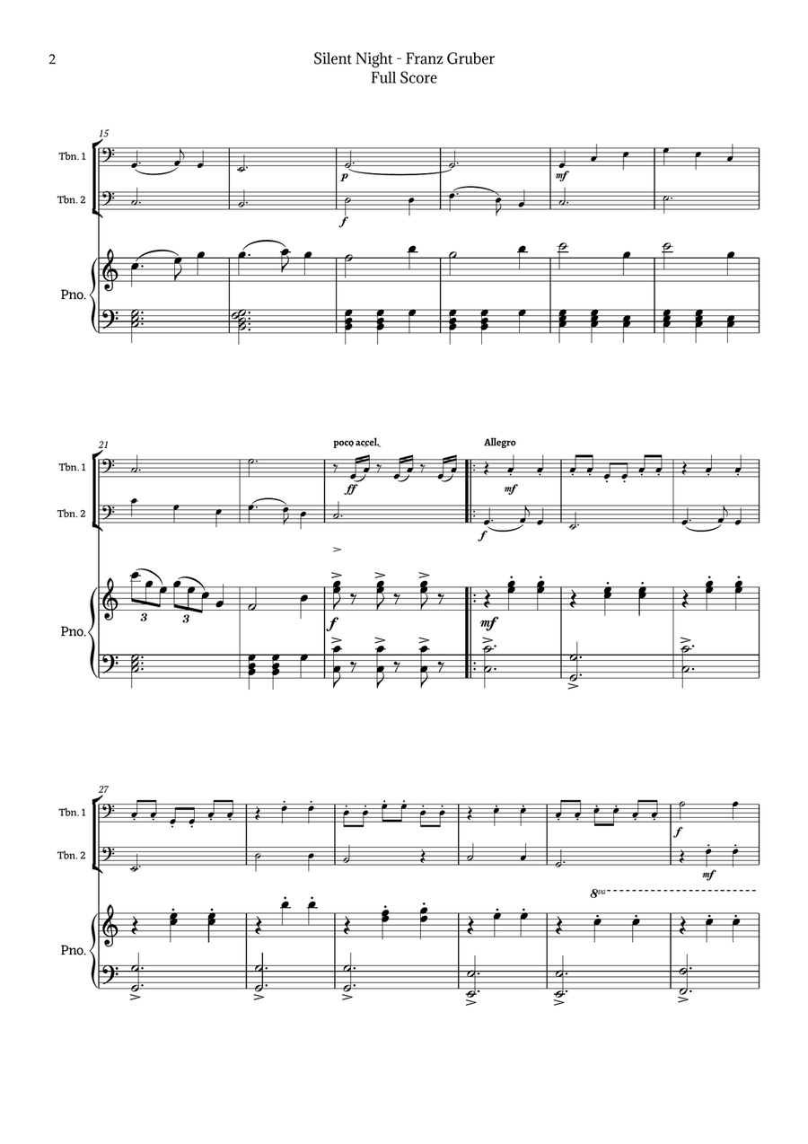 Silent Night for Trombone Duet with Piano Trombone Duet scores gallery preview page 2