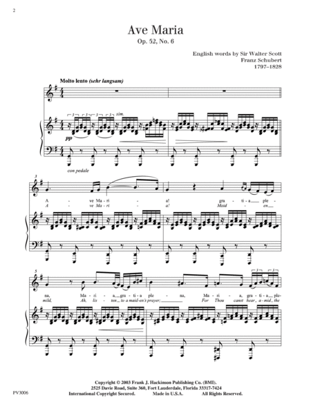 Ave Maria Op. 52, No.6, For High Voice and Piano