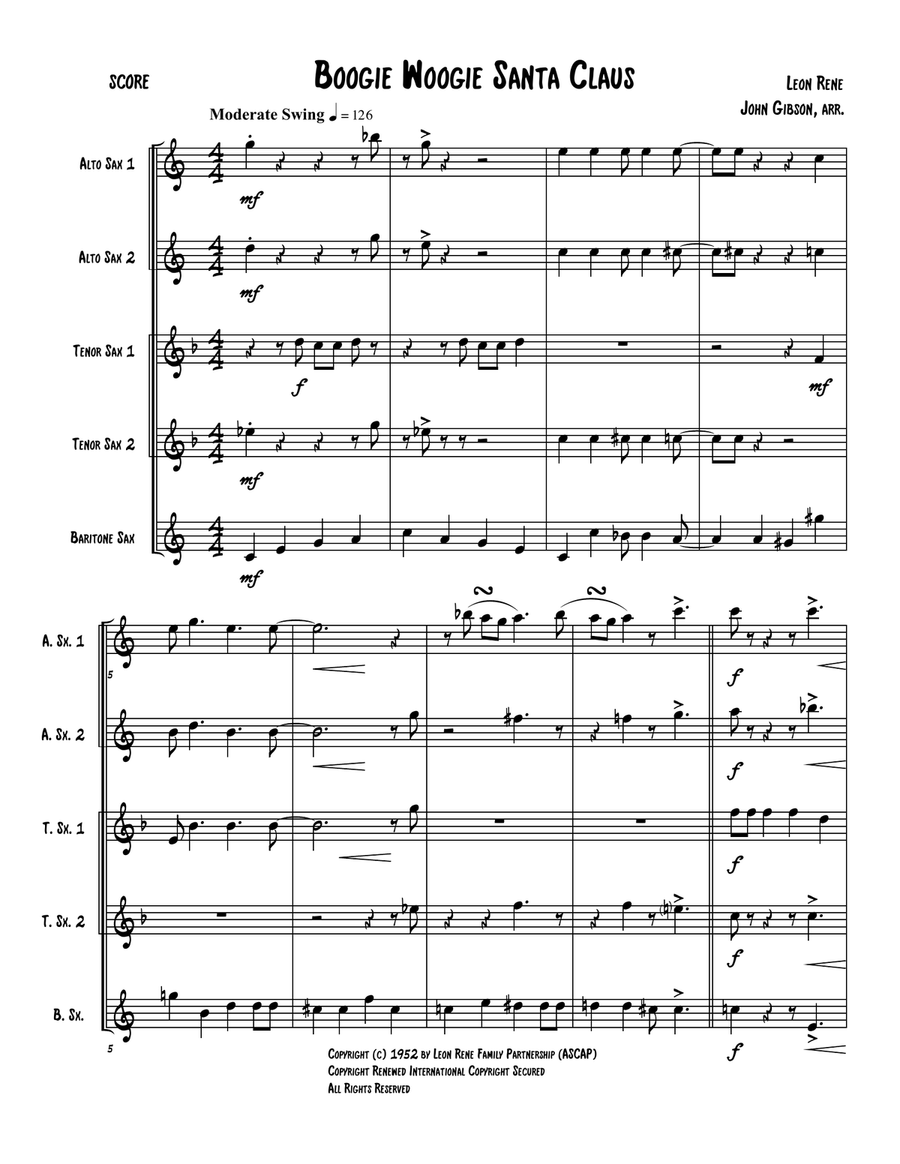 Boogie Woogie Santa Claus Saxophone Quintet scores gallery preview page 2
