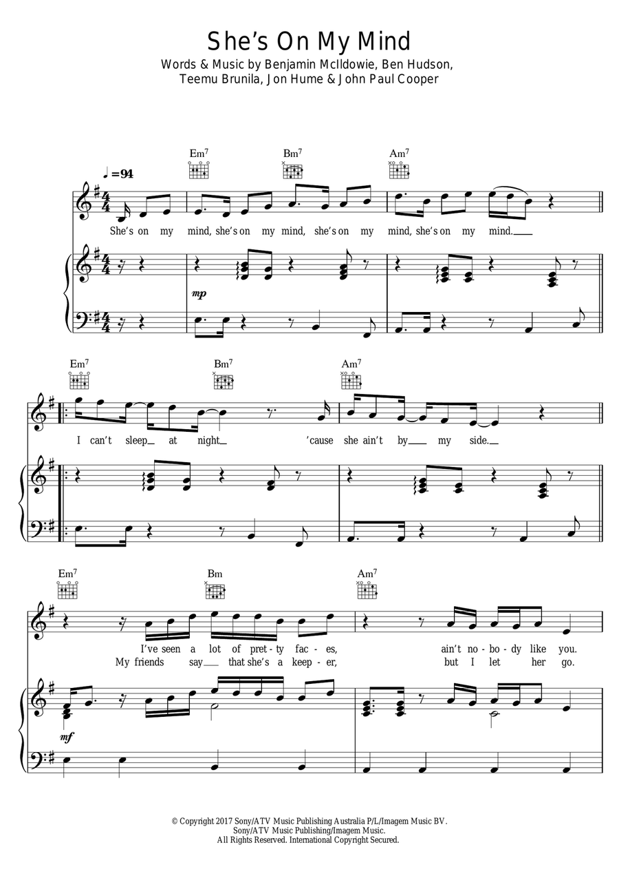 She's On My Mind Piano, Vocal scores gallery preview page 1