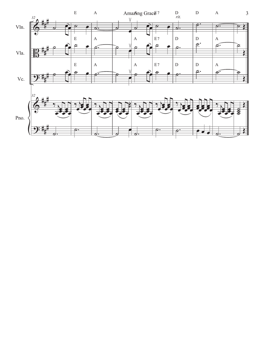 Amazing Grace for Violin/Viola/Cello or Bass solo and piano Small Ensemble scores gallery preview page 3