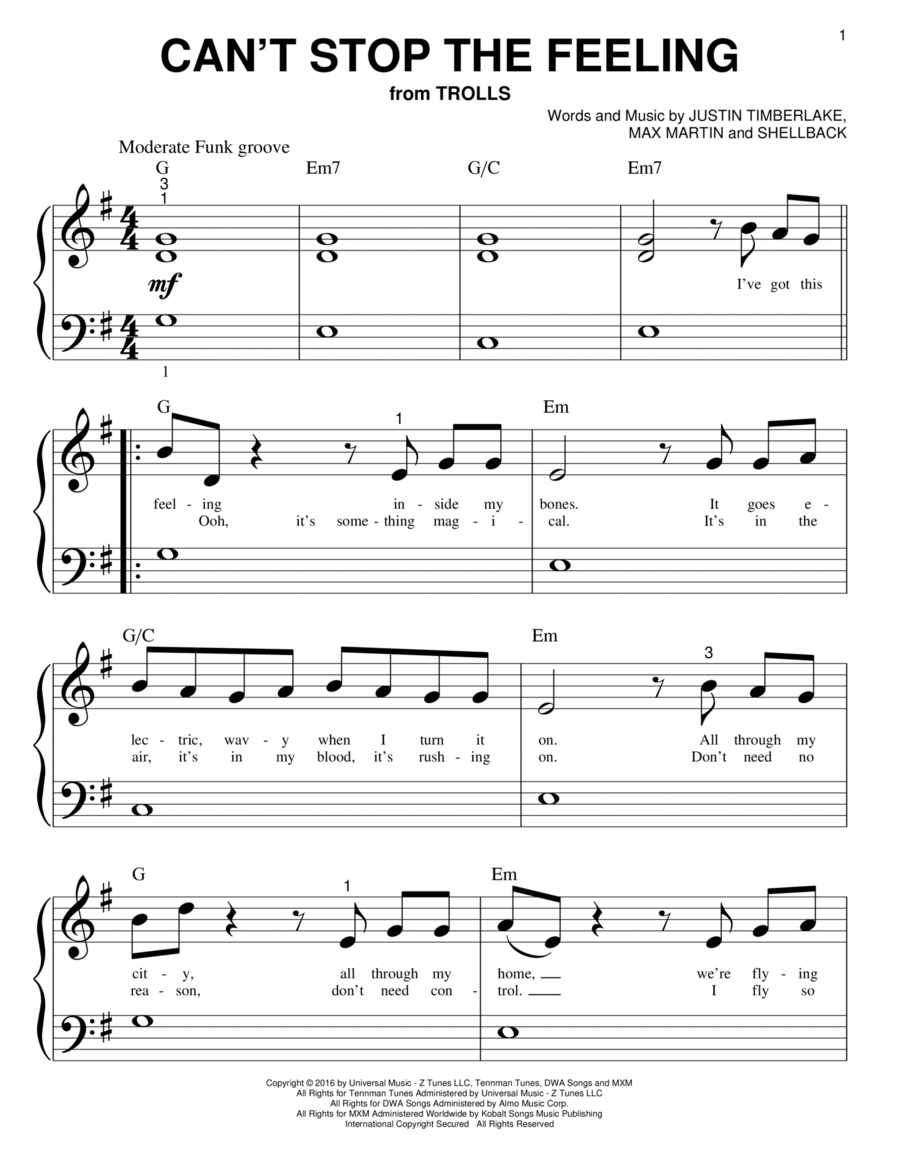 Can't Stop The Feeling Easy Piano scores gallery preview page 1