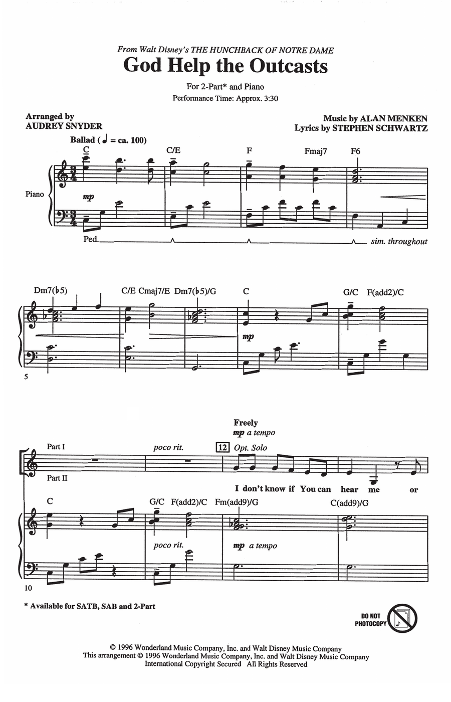 God Help The Outcasts (from The Hunchback Of Notre Dame) (arr. Audrey Snyder)